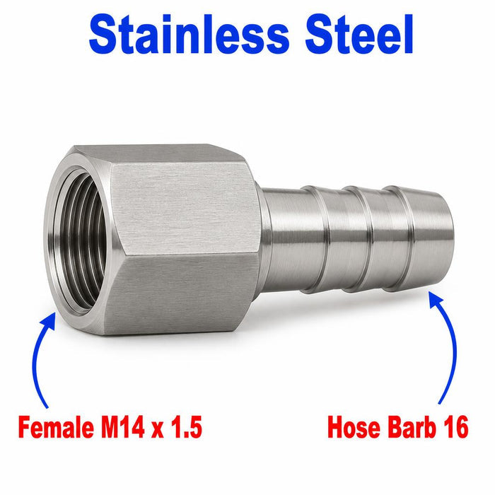 Stainless steel MC Motoparts M14x1.5 female to 16mm barb sensor adaptor fitting for conversion, APS Fittings.