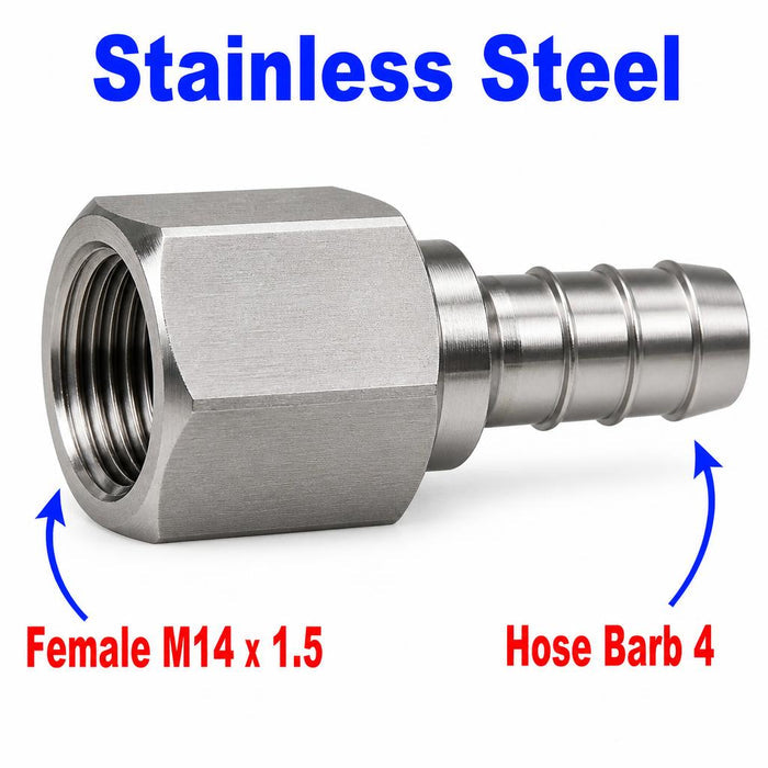 M14x1.5 female to 4mm OD barb stainless steel sensor adaptor fitting by MC Motoparts for conversion and plumbing applications.