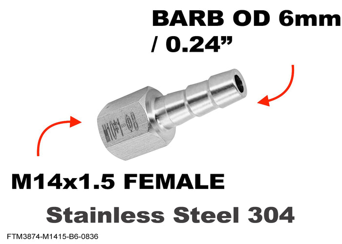 M14x1.5 female to 6mm stainless steel barb hose connector adaptor fitting by MC Motoparts.