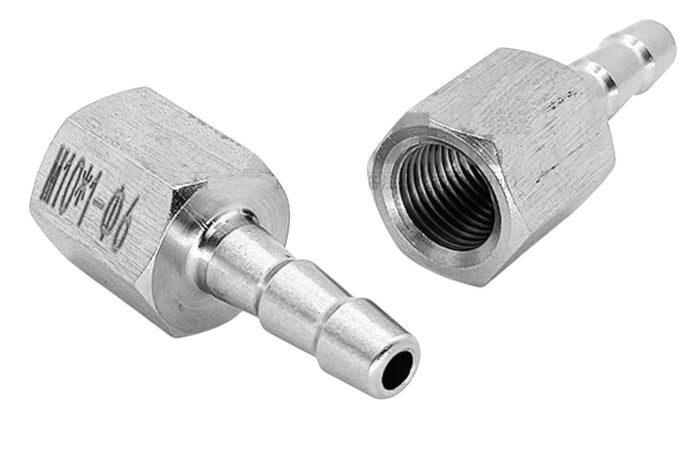 Stainless steel M14x1.5 female to 6mm barb hose connector adaptor fitting for motorcycle fuel or oil lines.