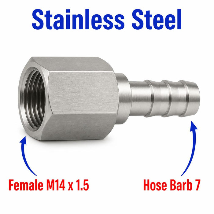 Stainless steel M14x1.5 female to 7mm barb sensor adaptor fitting for conversion, compatible with MC Motoparts APS adaptor fittings.