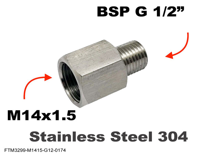 Stainless steel M14x1.5 female to BSP G 1/2 inch male sensor adaptor fitting for conversion by MC Motoparts