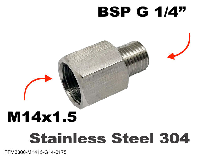 Stainless steel M14x1.5 female to BSP G 1/4 inch male sensor adaptor fitting for conversion by MC Motoparts