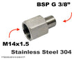 Stainless steel M14x1.5 female to BSP G 3/8 inch male sensor adaptor fitting for conversion, by MC Motoparts.
