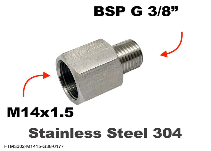 Stainless steel M14x1.5 female to BSP G 3/8 inch male sensor adaptor fitting for conversion, by MC Motoparts.