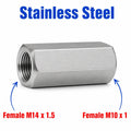 Stainless steel MC Motoparts APS M14x1.5 female to M10x1 female sensor adaptor fitting for automotive conversion.