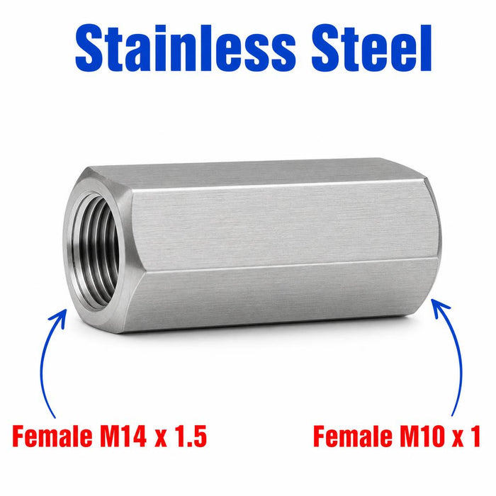 Stainless steel MC Motoparts APS M14x1.5 female to M10x1 female sensor adaptor fitting for automotive conversion.