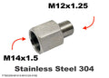 Stainless steel M14x1.5 female to M12x1.25 male sensor adaptor fitting for engine or sensor conversions, by MC Motoparts.
