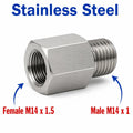 Stainless steel M14x1.5 female to M14x1 male sensor adaptor fitting for automotive conversions by MC Motoparts.