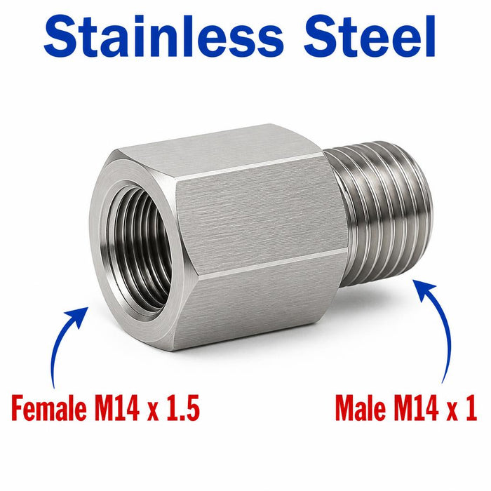 Stainless steel M14x1.5 female to M14x1 male sensor adaptor fitting for automotive conversions by MC Motoparts.