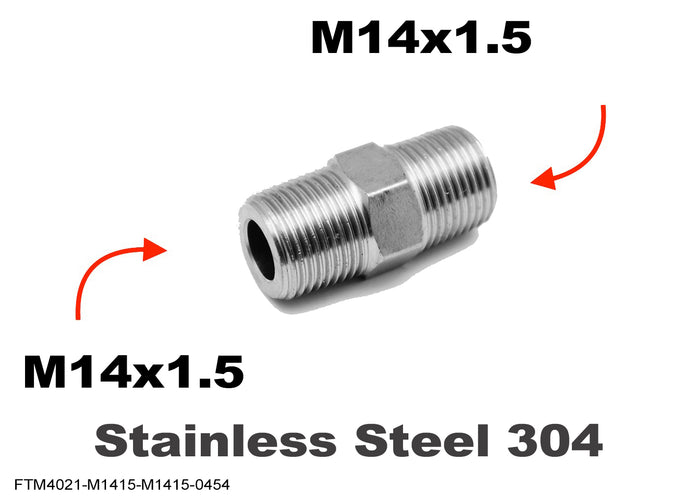 Stainless steel M14x1.5 male to M14x1.5 male sensor adaptor fitting for automotive conversion, by MC Motoparts.