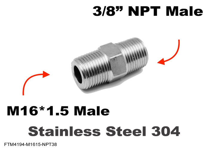 Stainless steel M16x1.5 to 3/8 inch NPT male sensor adaptor fitting for conversion, designed by MC Motoparts.