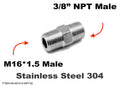 Stainless steel M16x1.5 to 3/8 inch NPT male sensor adaptor fitting for conversion, designed by MC Motoparts.