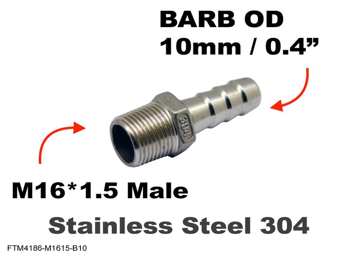 Stainless steel M16x1.5 male to barb adapter fitting with 10mm OD hose connection for motorcycle or automotive use.