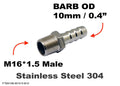 Stainless steel M16x1.5 male to barb adapter fitting with 10mm OD hose connection for motorcycle or automotive use.