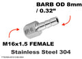 Stainless steel M16x1.5 female to 8mm barb hose connector, MC Motoparts adaptable fitting for fluid lines and hose connections.