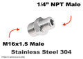 Stainless steel M16x1.5 to 1/4 inch NPT male sensor adaptor fitting for hydraulic or pneumatic connections.