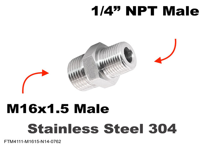 Stainless steel M16x1.5 to 1/4 inch NPT male sensor adaptor fitting for hydraulic or pneumatic connections.