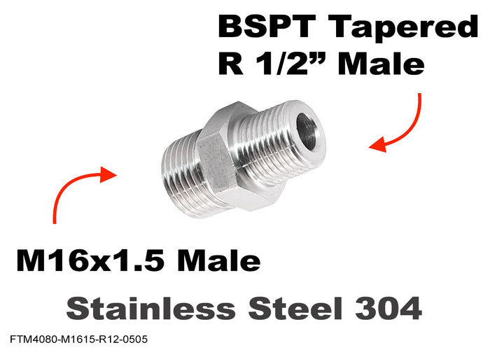 Stainless steel M16x1.5 male to BSPT 1/2 inch male sensor adaptor fitting for conversion applications.