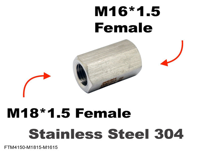Stainless steel M18×1.5 female to M16×1.5 female sensor adaptor fitting for motorcycle or automotive conversion.