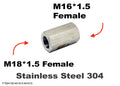 Stainless steel M18×1.5 female to M16×1.5 female sensor adaptor fitting for motorcycle or automotive conversion.