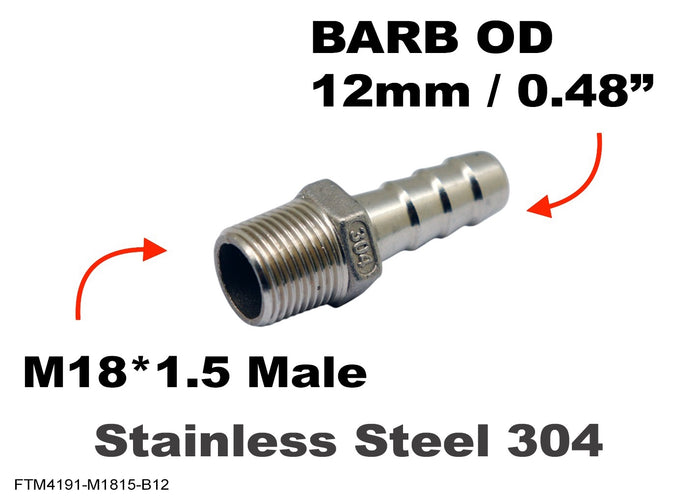 Stainless steel M18x1.5 male to 12mm (0.48 inch) barb adaptor fitting for hoses, by MC Motoparts.