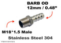 Stainless steel M18x1.5 male to 12mm (0.48 inch) barb adaptor fitting for hoses, by MC Motoparts.