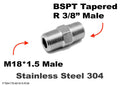 Stainless steel M18x1.5 male to BSPT tapered 3/8 inch male sensor adaptor fitting for fluid or sensor connections.