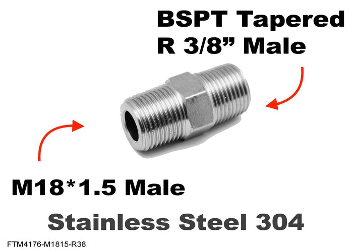 Stainless steel M18x1.5 male to BSPT tapered 3/8 inch male sensor adaptor fitting for fluid or sensor connections.