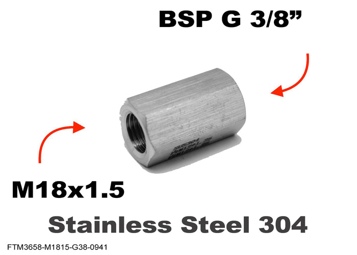 Stainless steel M18x1.5 female to BSP G 3/8 inch female sensor adaptor fitting for conversion applications