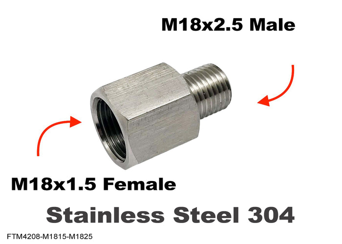 Stainless steel M18x1.5 female to M18x2.5 male sensor adaptor fitting for automotive conversion by MC Motoparts