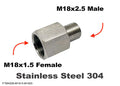 Stainless steel M18x1.5 female to M18x2.5 male sensor adaptor fitting for automotive conversion by MC Motoparts