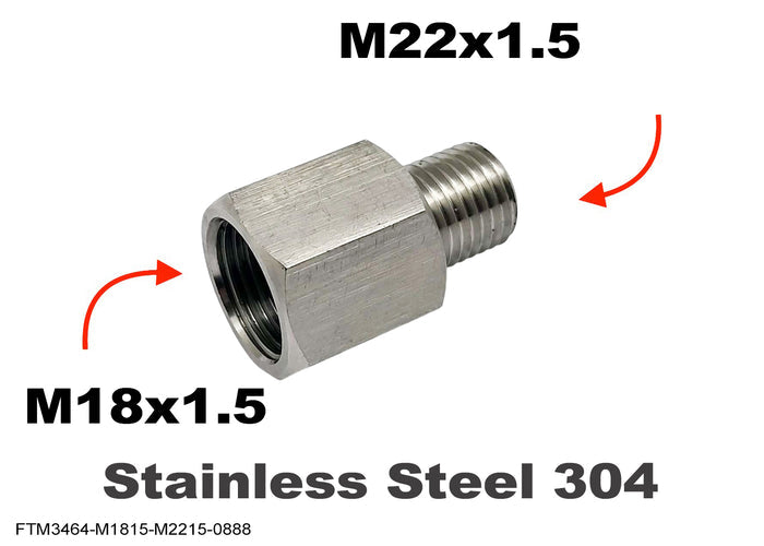 Stainless steel M18x1.5 female to M22x1.5 male sensor adaptor fittings conversion by MC Motoparts, showing threaded connections.