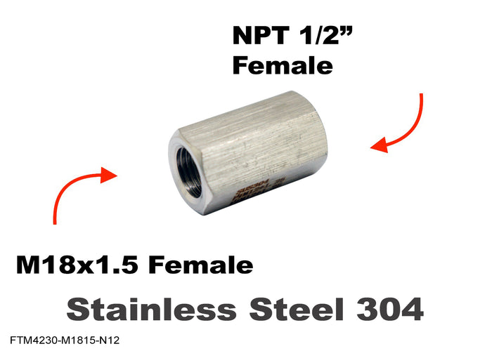 Stainless steel M18x1.5 female to NPT 1/2 inch female sensor adaptor fitting for conversion by MC Motoparts