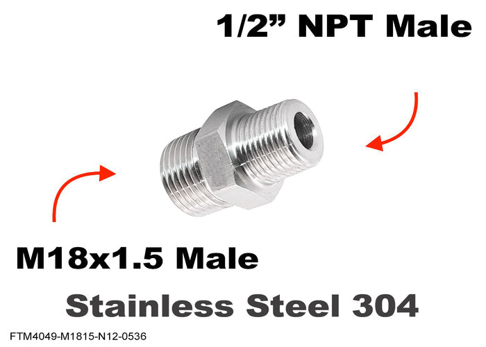 M18x1.5 male to 1/2 inch NPT male stainless sensor adaptor fitting for automotive or industrial use.