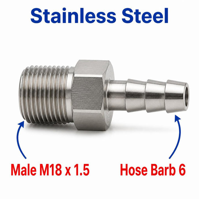 Stainless steel M18x1.5 male to 6mm barb sensor adaptor fitting for conversion, MC Motoparts APS adaptor fitting.