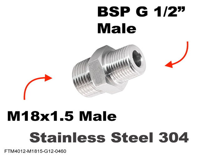 Stainless steel M18x1.5 male to BSP G 1/2 inch male sensor adaptor fitting for fluid connection conversion.