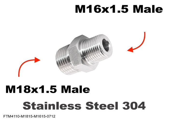 Stainless steel M18x1.5 to M16x1.5 male sensor adaptor fitting for motorcycle or automotive applications.