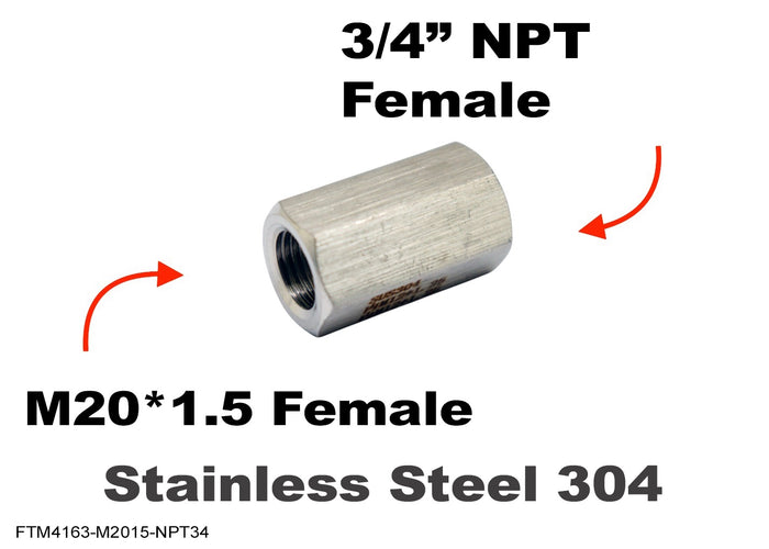 Stainless steel M20x1.5 female to 3/4 inch NPT female sensor adaptor fitting for conversion, by MC Motoparts.