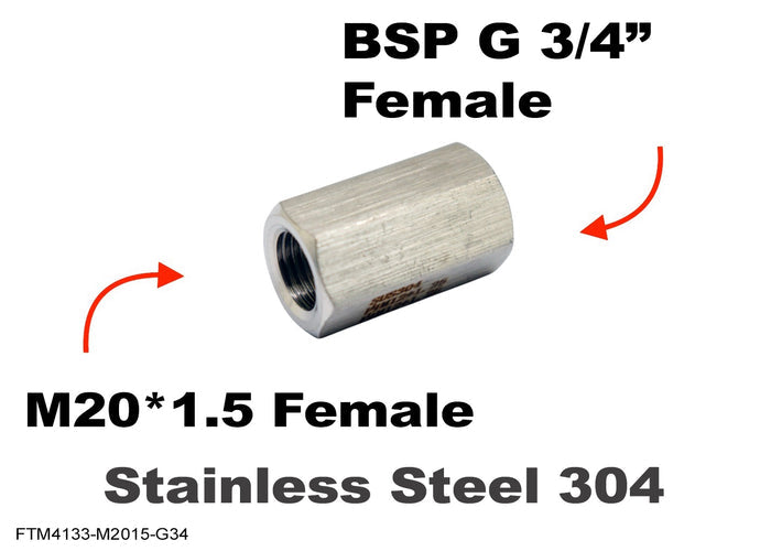 Stainless steel M20x1.5 female to BSP G 3/4 inch female sensor adaptor fitting for conversion, shown in close-up.
