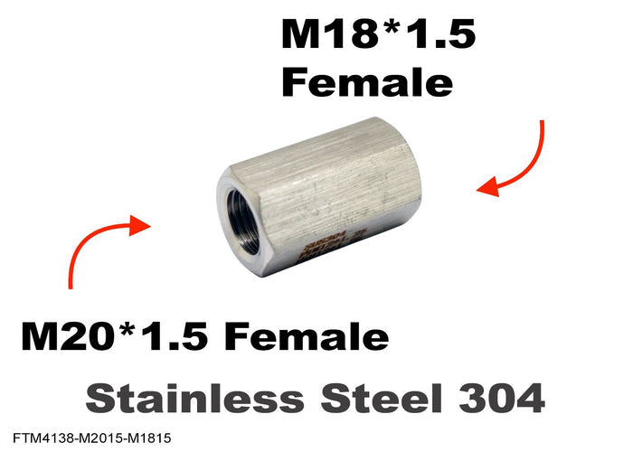 Stainless steel M20x1.5 female to M18x1.5 female sensor adaptor fitting for vehicle conversion, compatible with MC Motoparts.