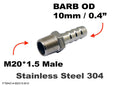 Stainless steel M20x1.5 male to barb hose adaptor fitting with 10mm OD barb for conversion applications.