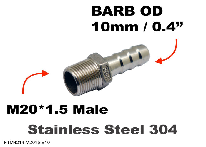 Stainless steel M20x1.5 male to barb hose adaptor fitting with 10mm OD barb for conversion applications.