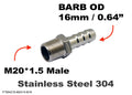 Stainless steel M20x1.5 male to barb adapter fitting with 16mm OD hose connection for MC Motoparts.