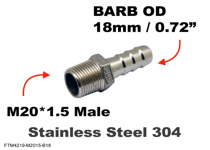 Stainless steel M20x1.5 male to barb adapter fitting with 18mm OD hose connection, designed for MC Motoparts conversion applications