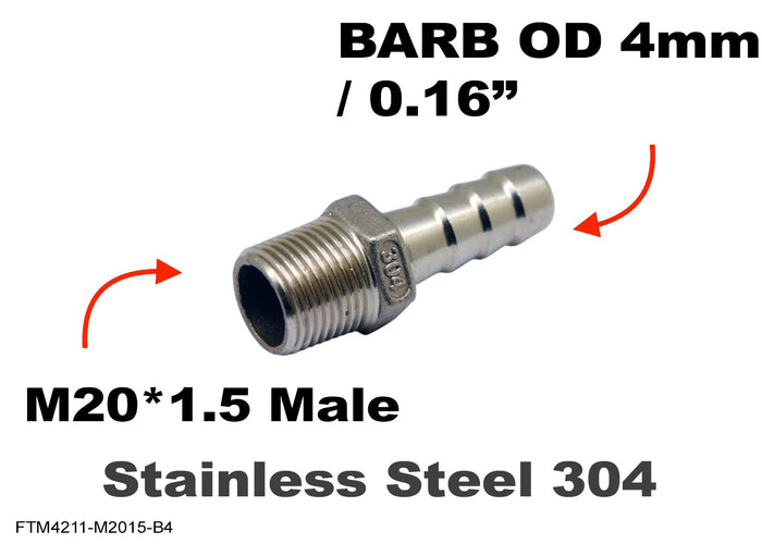 Stainless steel M20x1.5 male to 4mm barb hose fitting adapter by MC Motoparts, showing the threaded and barb ends.