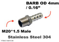 Stainless steel M20x1.5 male to 4mm barb hose fitting adapter by MC Motoparts, showing the threaded and barb ends.