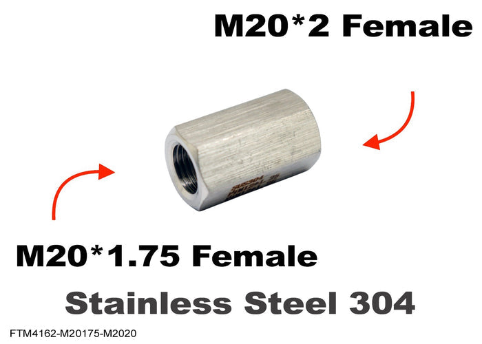 Stainless M20x1.75 female to M20x2 female sensor adaptor fitting for motorcycle parts, shown in close-up.