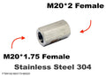 Stainless M20x1.75 female to M20x2 female sensor adaptor fitting for motorcycle parts, shown in close-up.