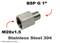 Stainless steel M20x1.5 female to BSP G 1-inch male sensor adaptor fitting for plumbing and fluid connections.